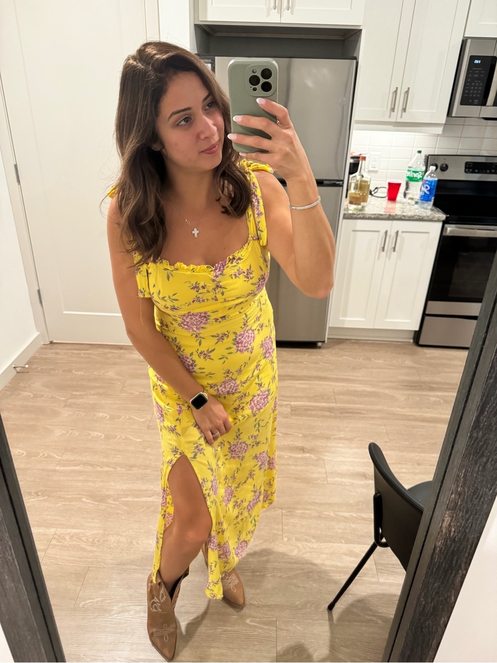 Anthropologie Yellow Floral Maxi Dress with Pink Blossoms